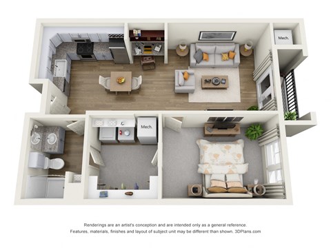 Floor plan for 1 bed, 1 bath, 724 sqft